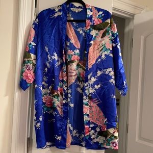 Blue & Pink peacock oriental  soft silk Kimono robe large